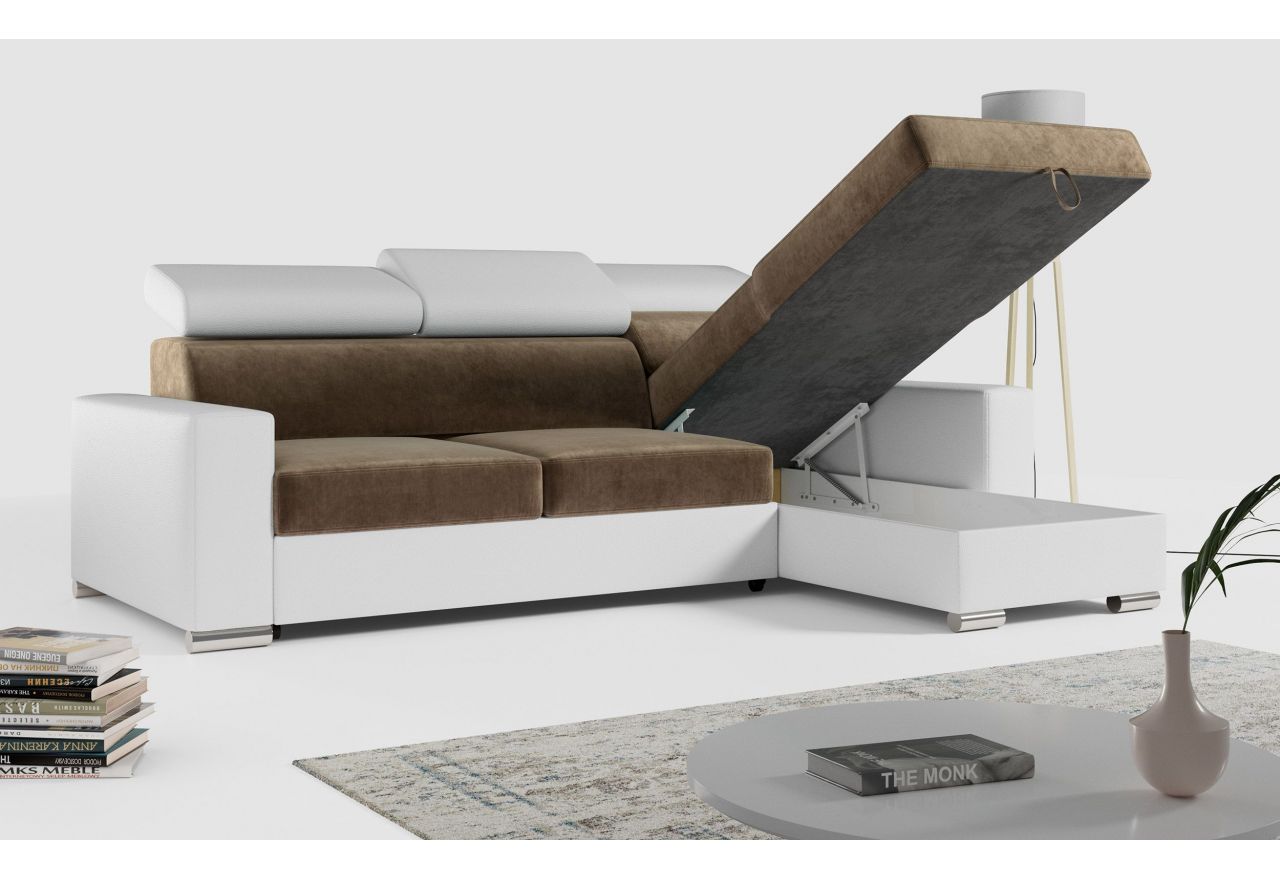 Narożnik FOX L - uniwersalny - brązowy, biały, welwet, ekoskóra