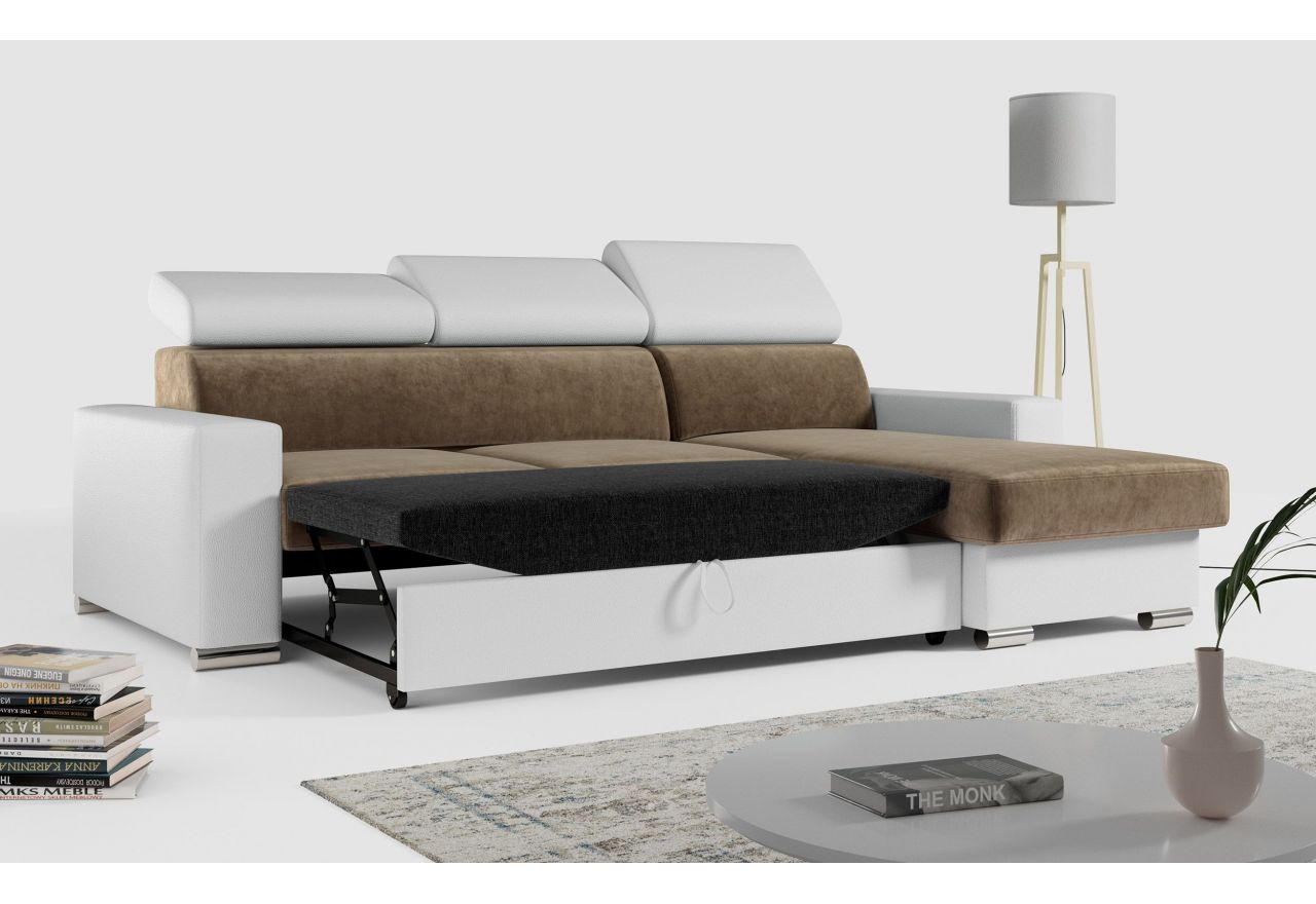 Narożnik FOX L - uniwersalny - brązowy, biały, welwet, ekoskóra