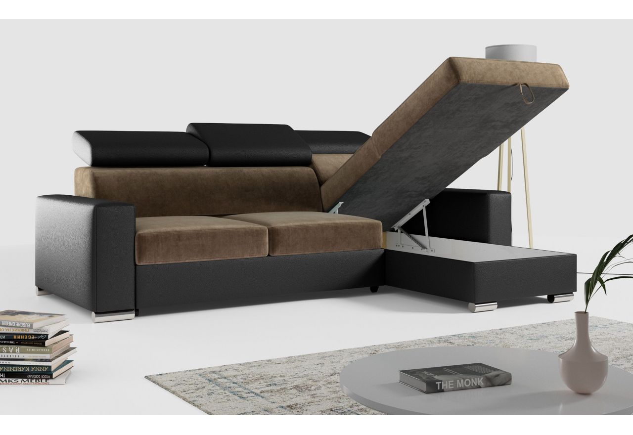 Narożnik FOX L - uniwersalny - brązowy, czarny, welwet, ekoskóra