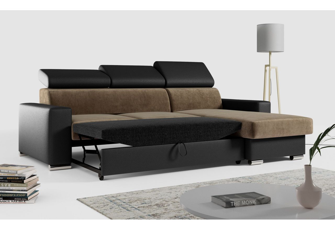 Narożnik FOX L - uniwersalny - brązowy, czarny, welwet, ekoskóra