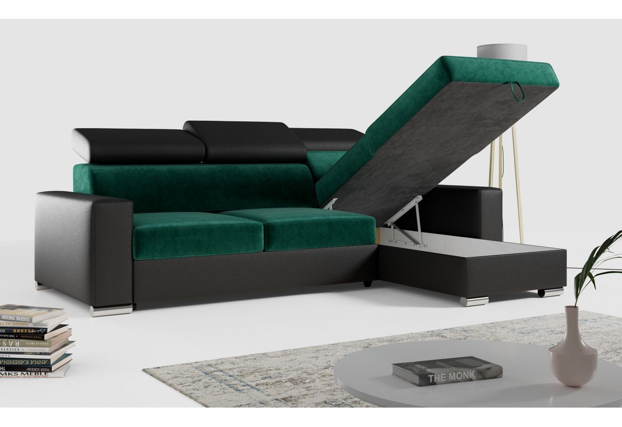 Narożnik FOX L - uniwersalny - ciemnozielony, czarny, welwet, ekoskóra