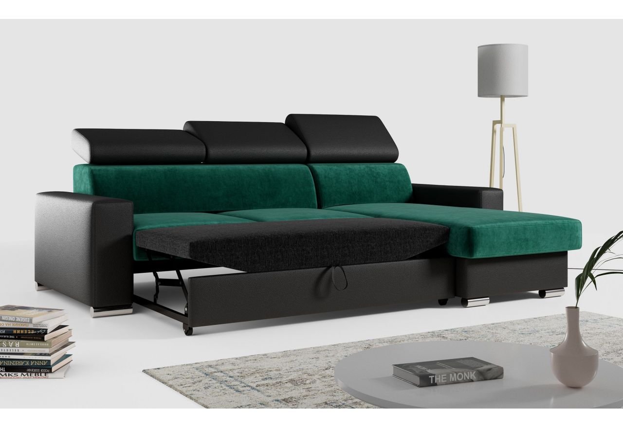 Narożnik FOX L - uniwersalny - ciemnozielony, czarny, welwet, ekoskóra