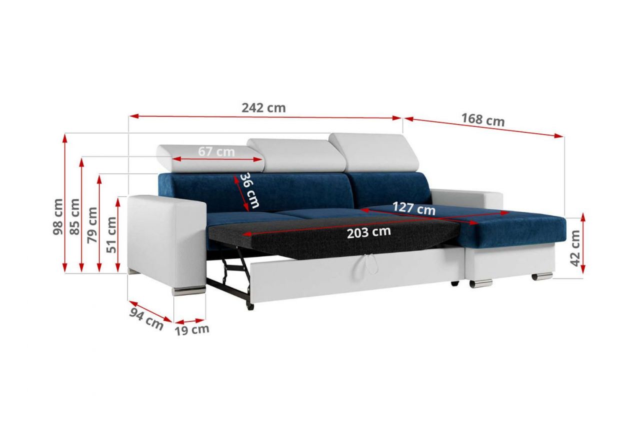 Narożnik FOX L - uniwersalny - ciemnoniebieski, biały, welwet, ekoskóra