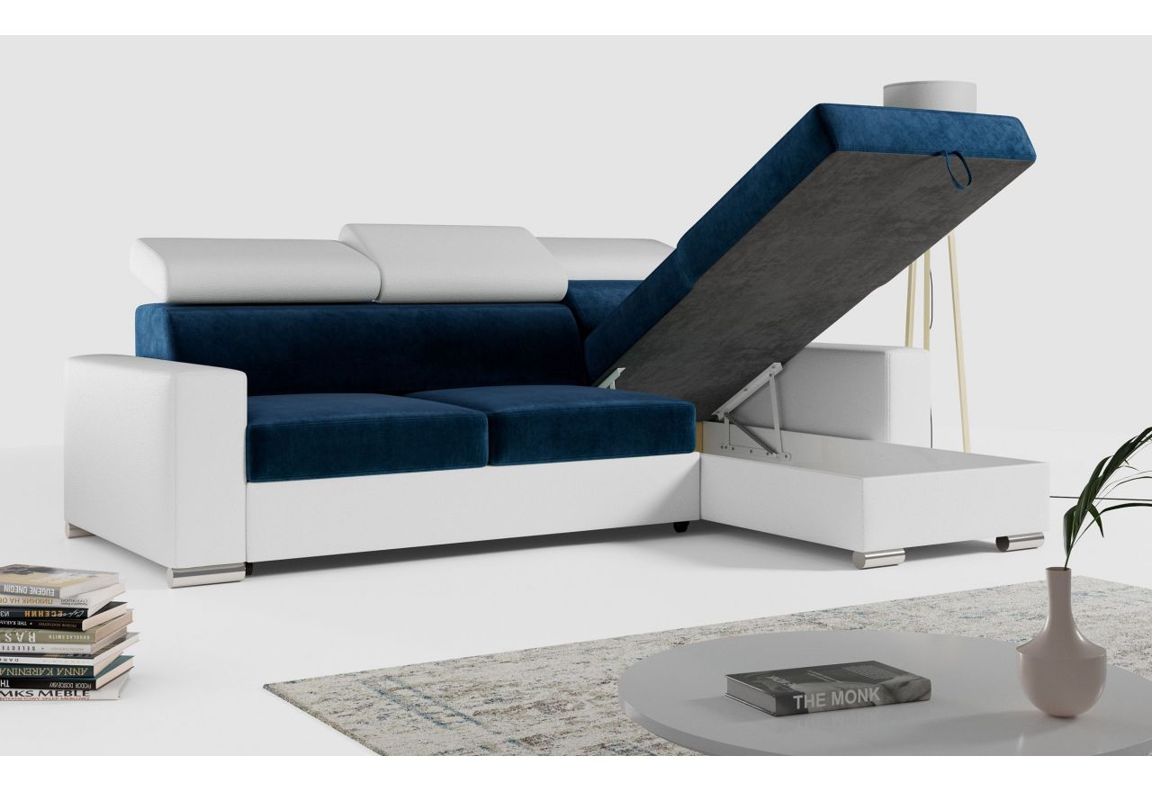 Narożnik FOX L - uniwersalny - ciemnoniebieski, biały, welwet, ekoskóra