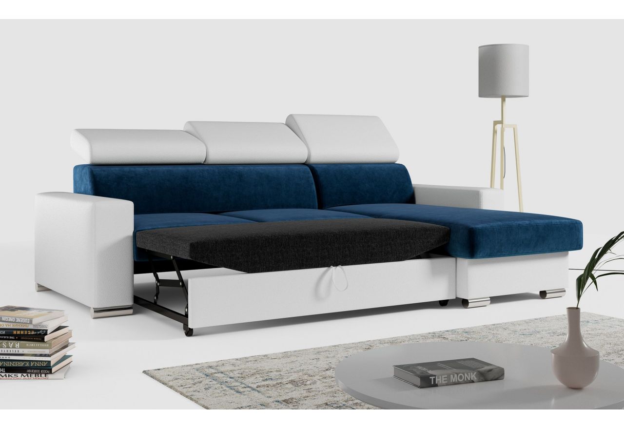 Narożnik FOX L - uniwersalny - ciemnoniebieski, biały, welwet, ekoskóra