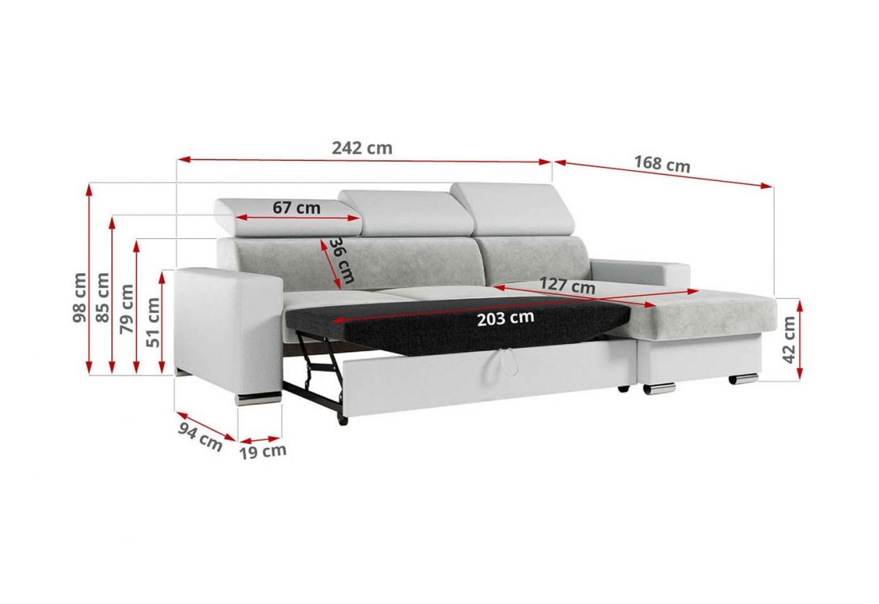 Narożnik FOX L - uniwersalny - jasnoszary, biały, welwet, ekoskóra
