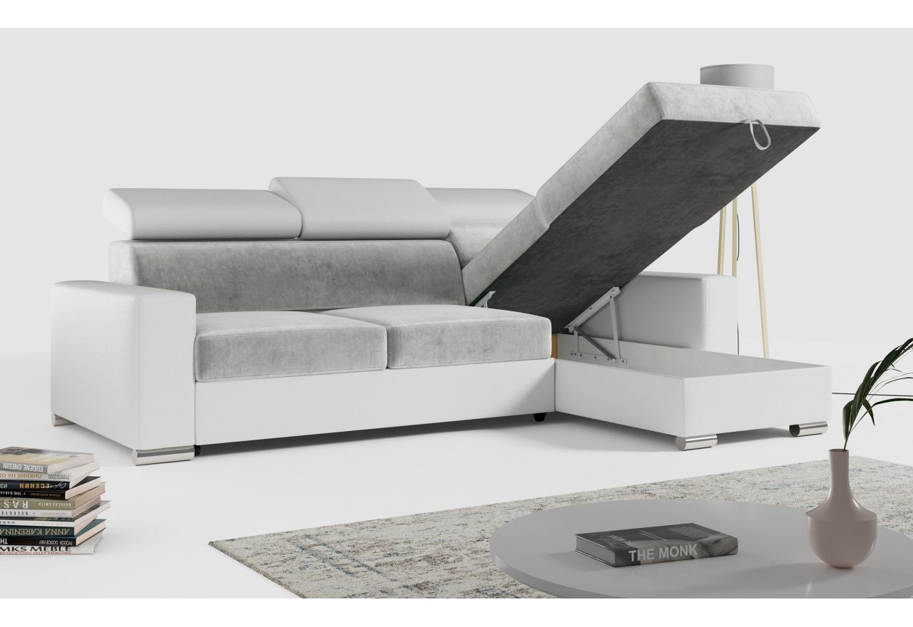 Narożnik FOX L - uniwersalny - jasnoszary, biały, welwet, ekoskóra