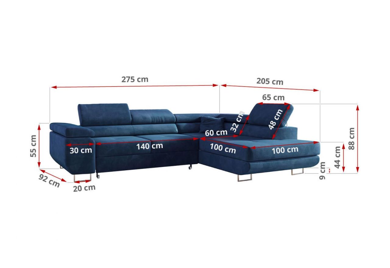 Narożnik GUSTAW L - strona lewa - ciemnoniebieski, welwet