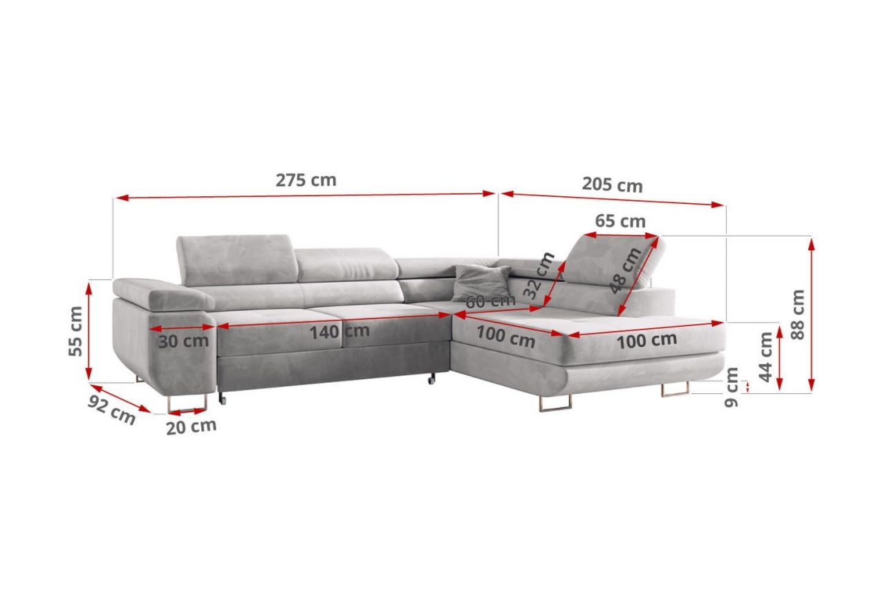 Narożnik GUSTAW L - strona lewa - jasnoszary, welwet