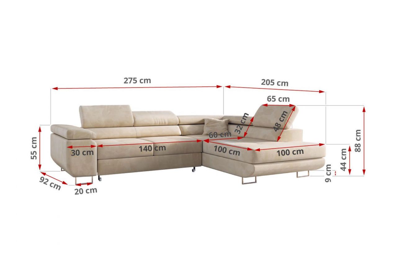 Narożnik GUSTAW L - strona lewa - beżowy, welwet