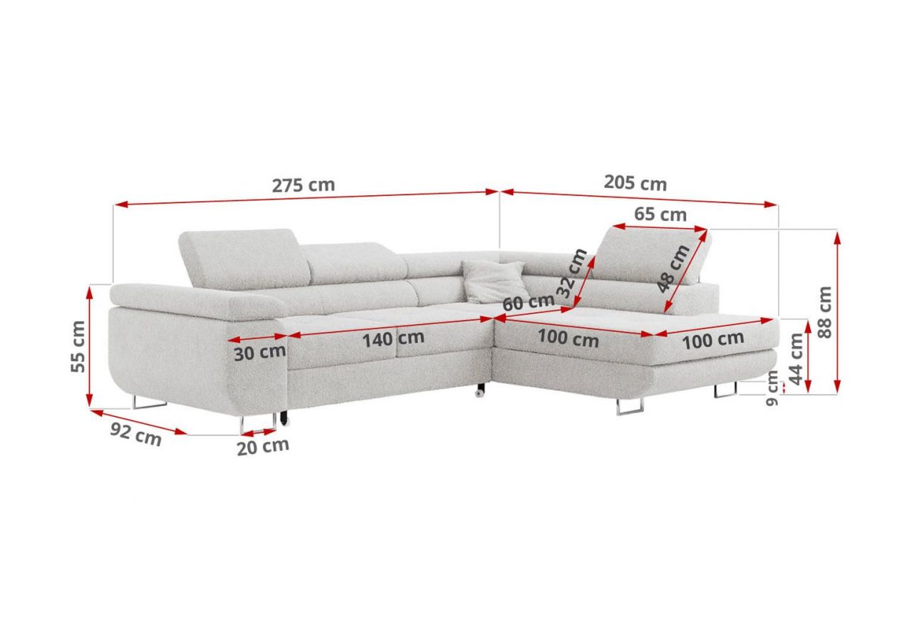 Narożnik GUSTAW L - strona prawa - jasnoszary, boucle