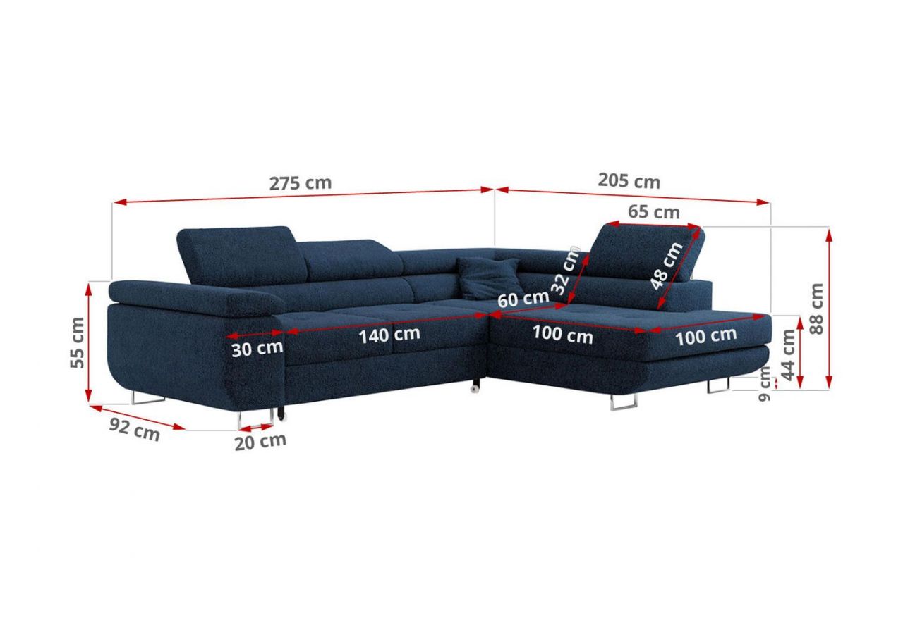 Narożnik GUSTAW L - strona prawa - ciemnoniebieski, boucle