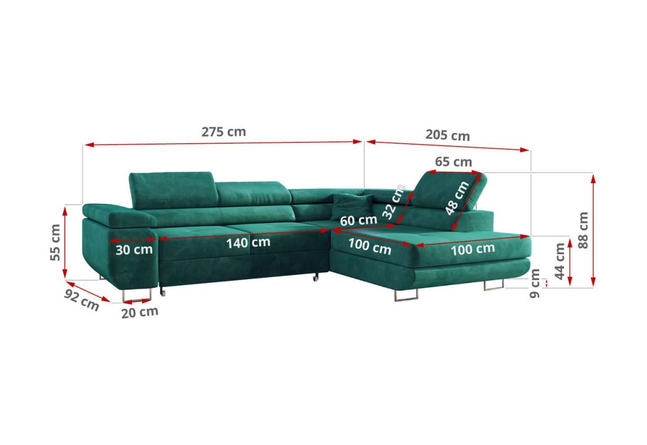 Narożnik GUSTAW L - strona prawa - ciemnozielony, welwet