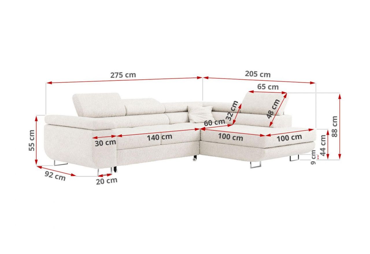 Narożnik GUSTAW L - strona lewa - biały, boucle