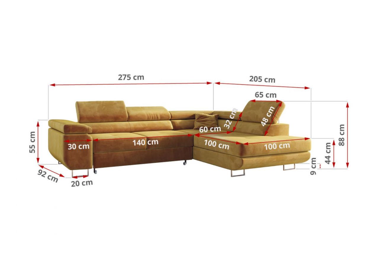 Narożnik GUSTAW L - strona prawa - żółty, welwet