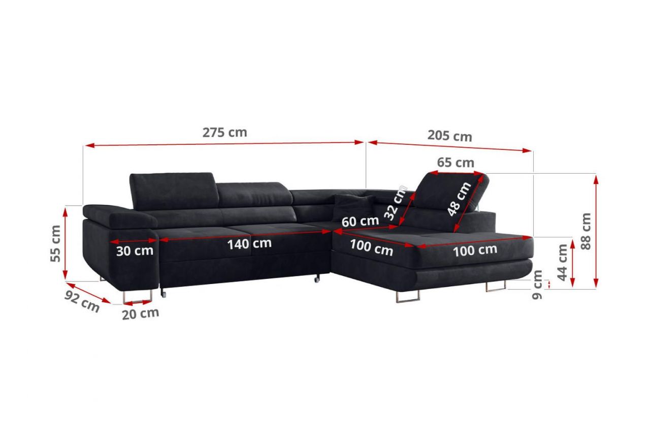 Narożnik GUSTAW L - strona prawa - szary, welwet
