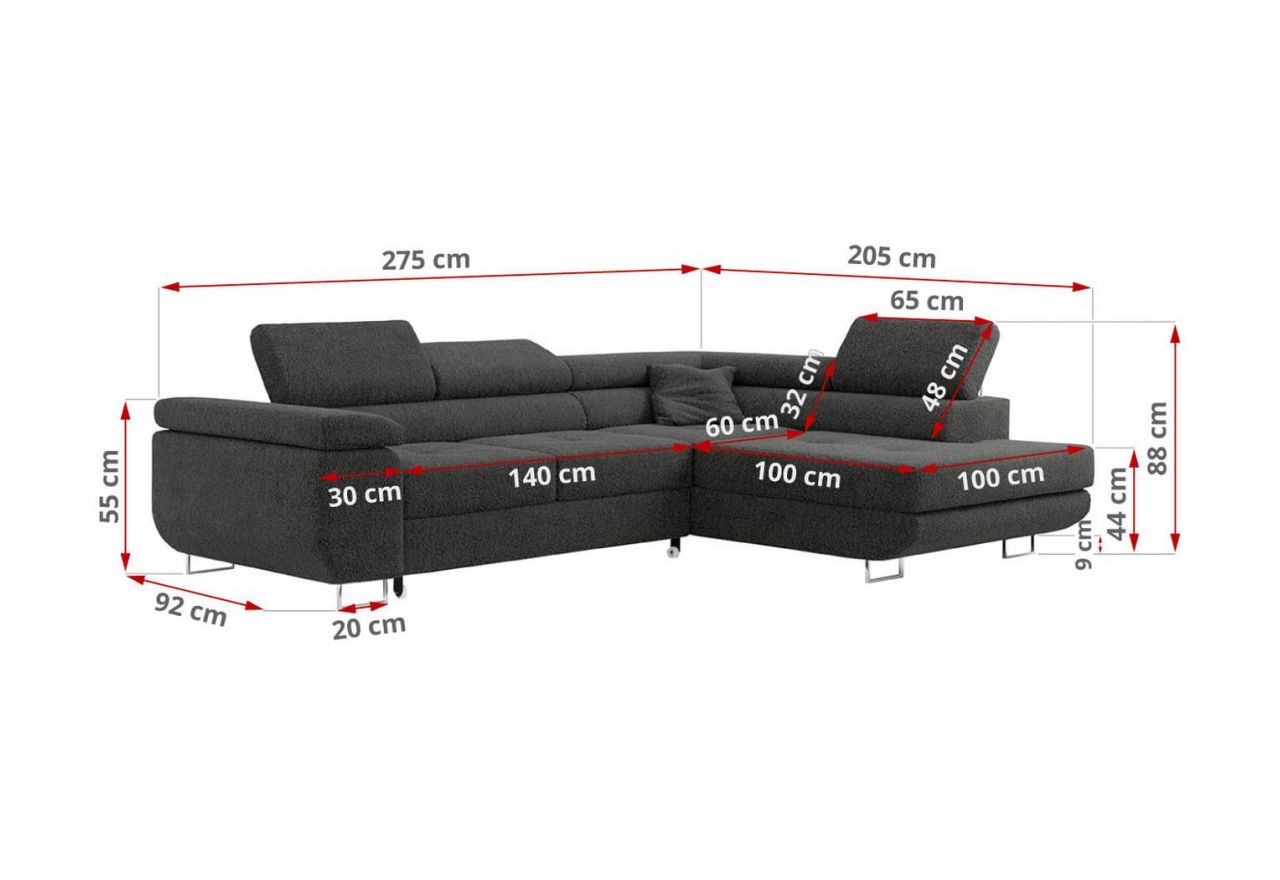 Narożnik GUSTAW L - strona prawa - ciemnoszary, boucle