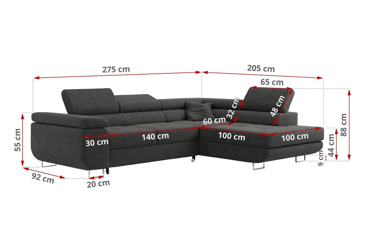 Narożnik GUSTAW L - strona lewa - ciemnoszary, boucle