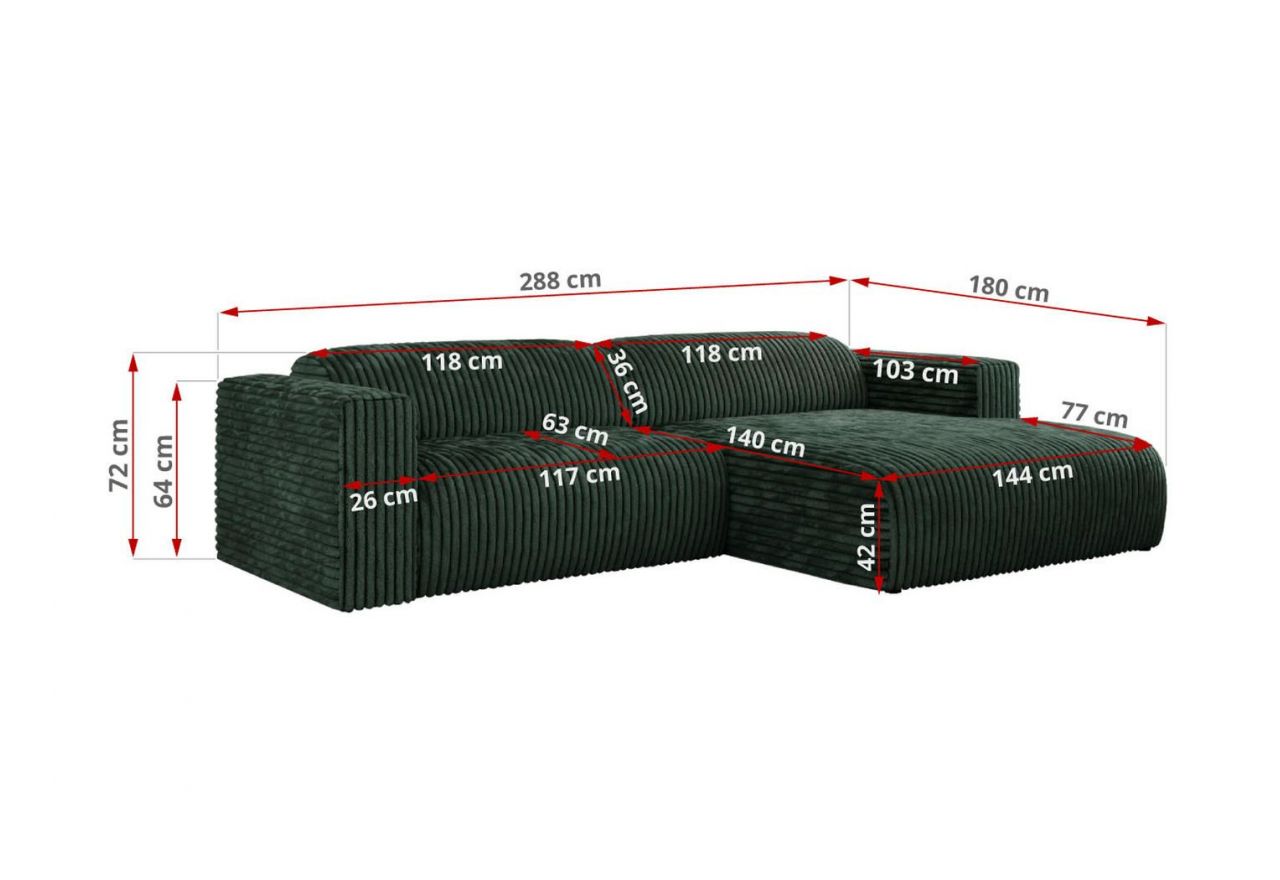 Narożnik PASADENA L - strona lewa - ciemnozielony, sztruks