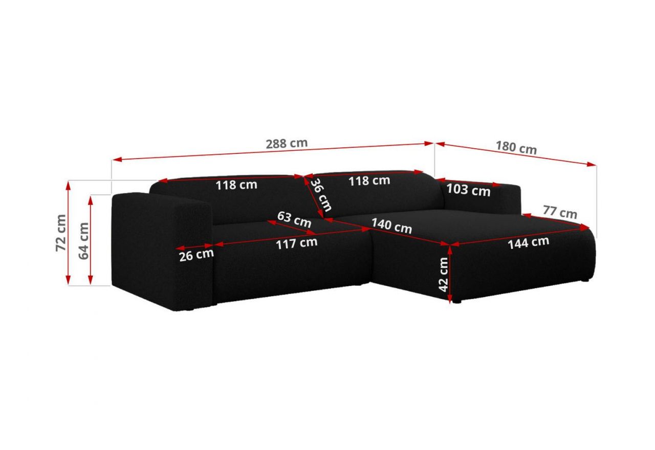Narożnik PASADENA L - strona lewa - czarny, boucle