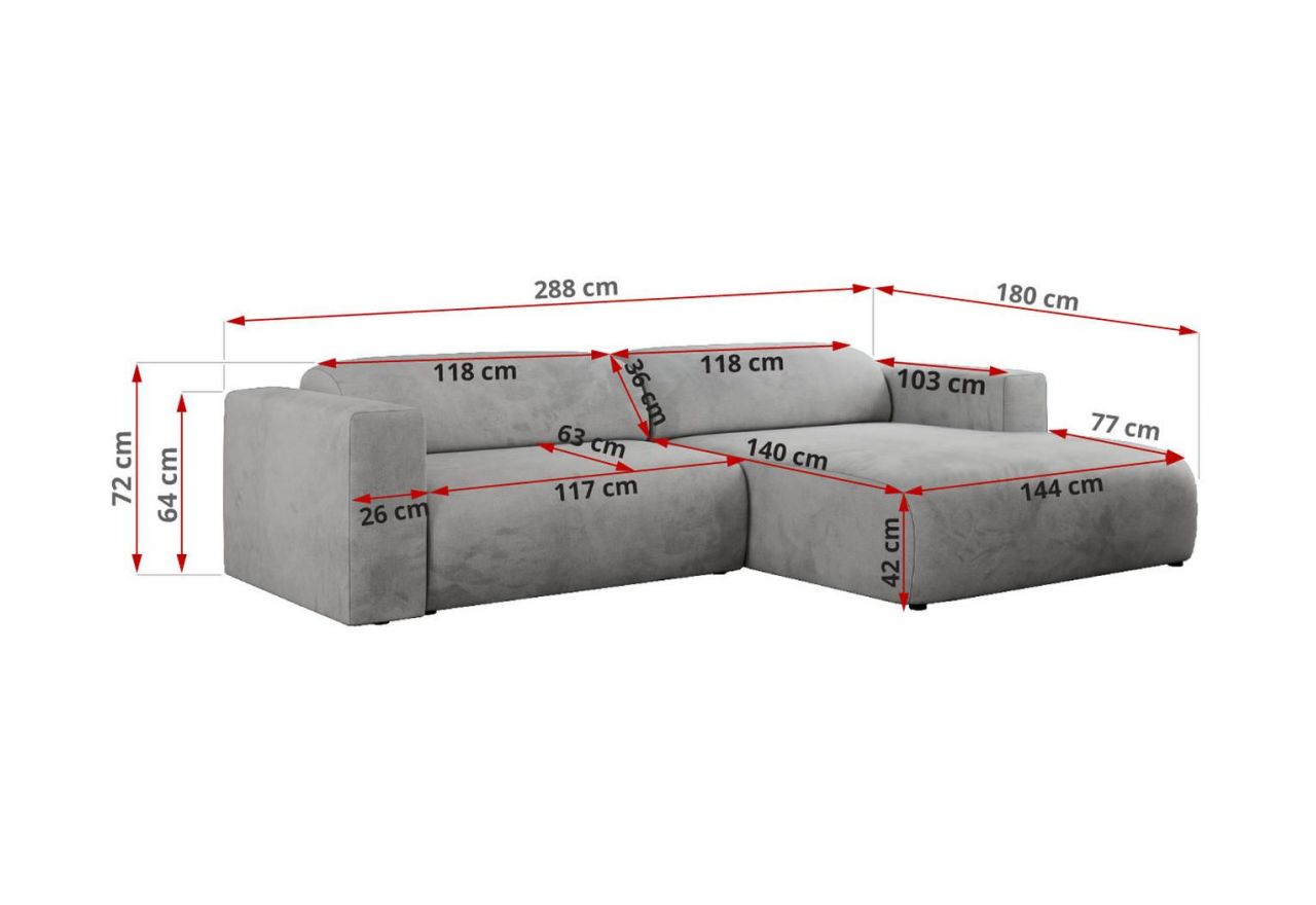 Narożnik PASADENA L - strona lewa - jasnoszary, welwet