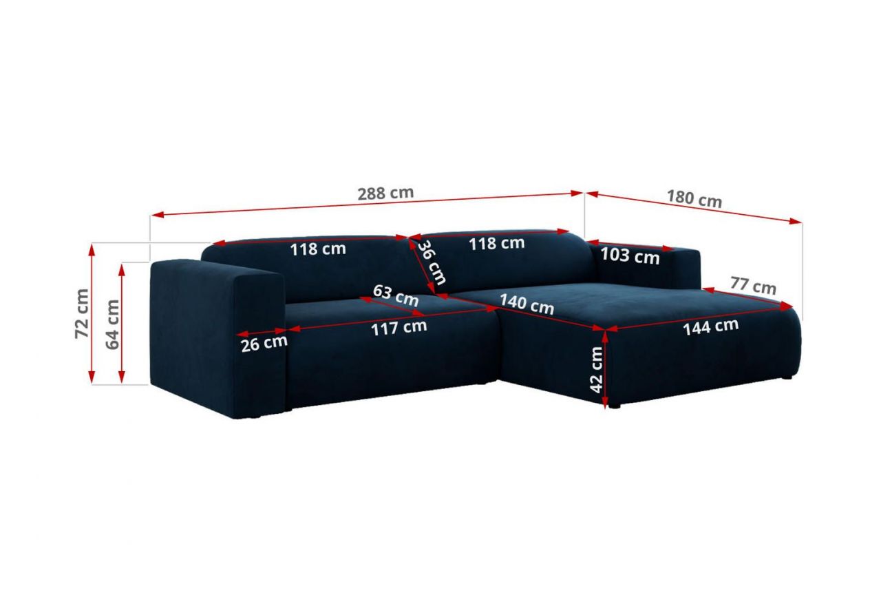 Narożnik PASADENA L - strona lewa - ciemnoniebieski, welwet