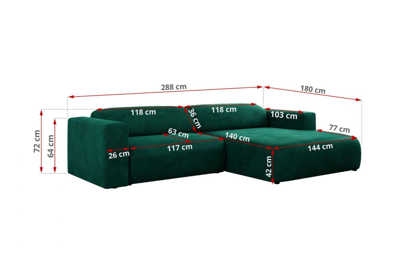 Narożnik PASADENA L - strona lewa - ciemnozielony, welwet