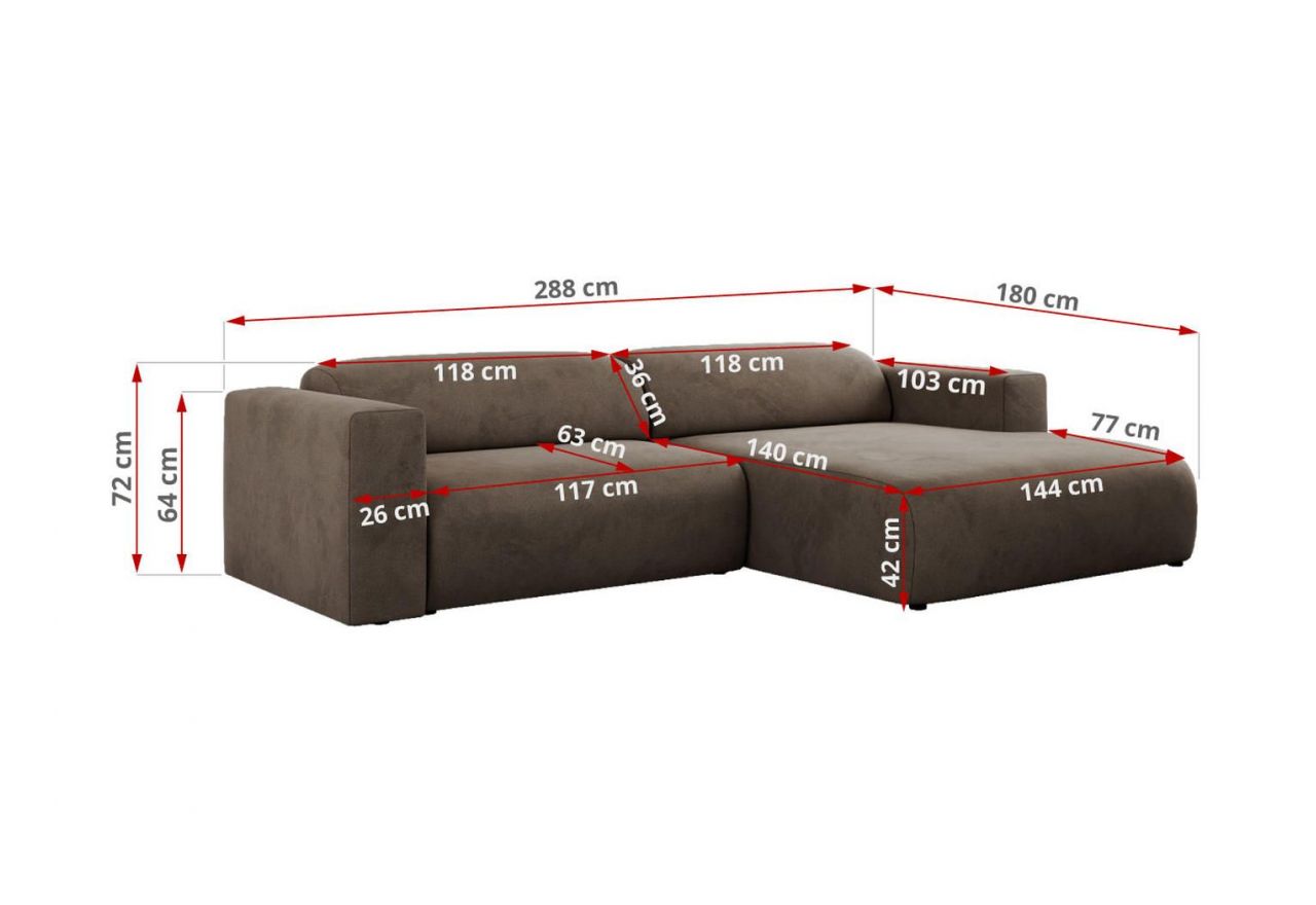 Narożnik PASADENA L - strona lewa - brązowy, welwet