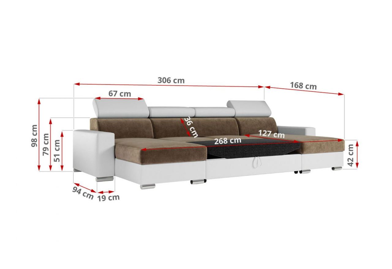 Narożnik FOX U - uniwersalny - brązowy, biały, welwet, ekoskóra
