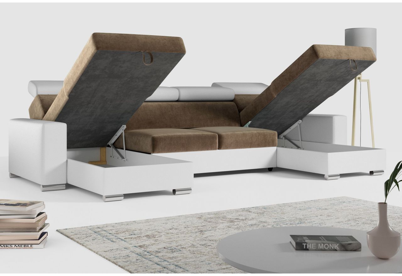 Narożnik FOX U - uniwersalny - brązowy, biały, welwet, ekoskóra