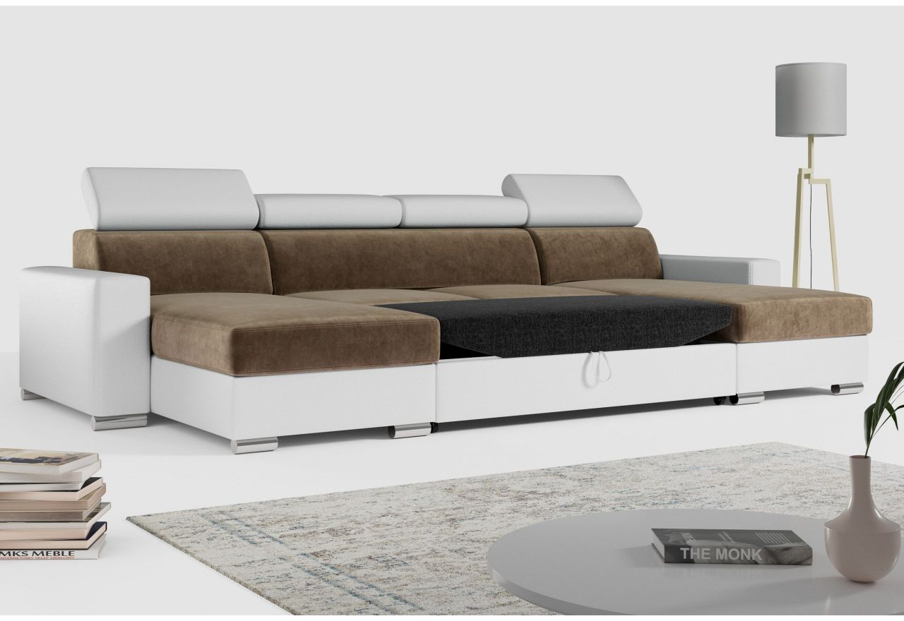 Narożnik FOX U - uniwersalny - brązowy, biały, welwet, ekoskóra