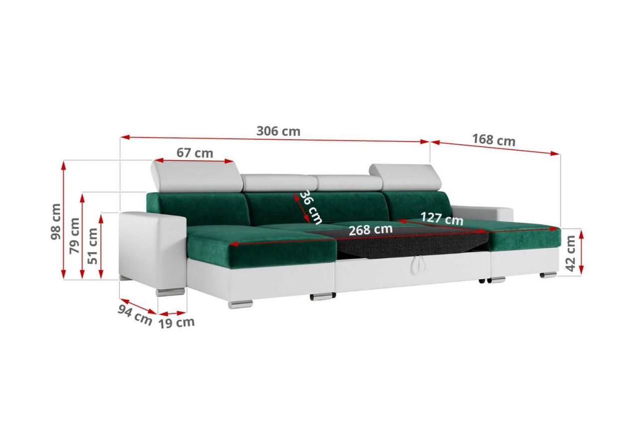 Narożnik FOX U - uniwersalny - ciemnozielony, biały, welwet, ekoskóra