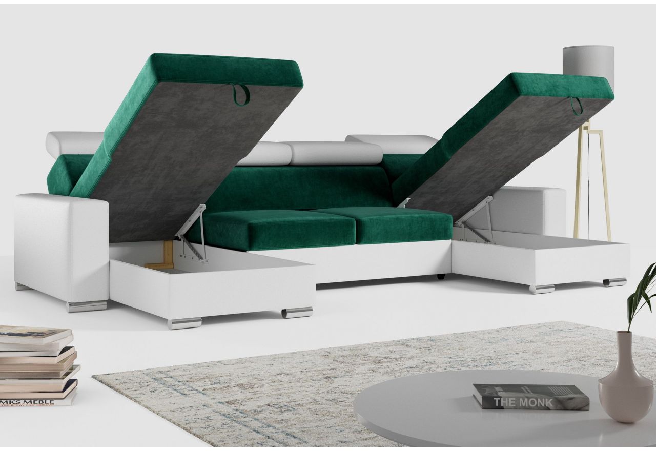 Narożnik FOX U - uniwersalny - ciemnozielony, biały, welwet, ekoskóra