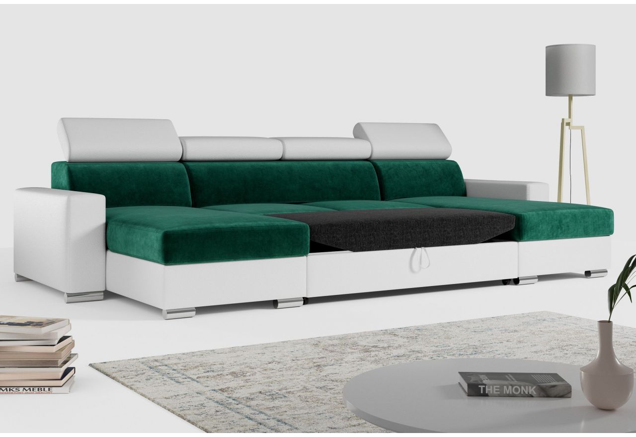 Narożnik FOX U - uniwersalny - ciemnozielony, biały, welwet, ekoskóra