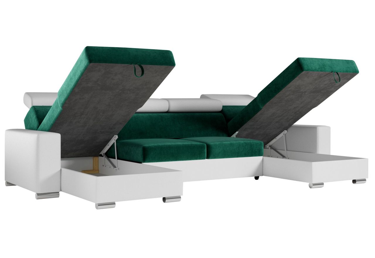 Narożnik FOX U - uniwersalny - ciemnozielony, biały, welwet, ekoskóra