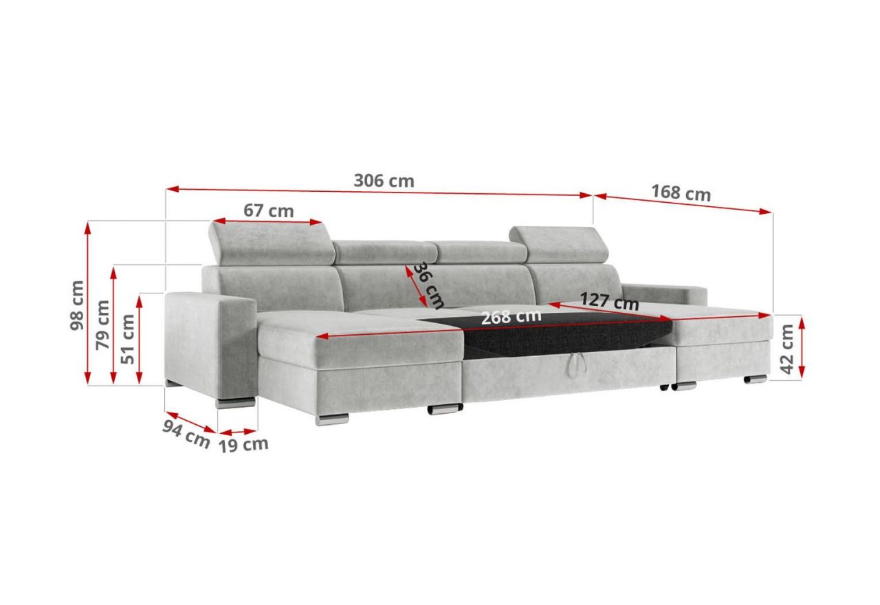 Narożnik FOX U - uniwersalny - jasnoszary, welwet