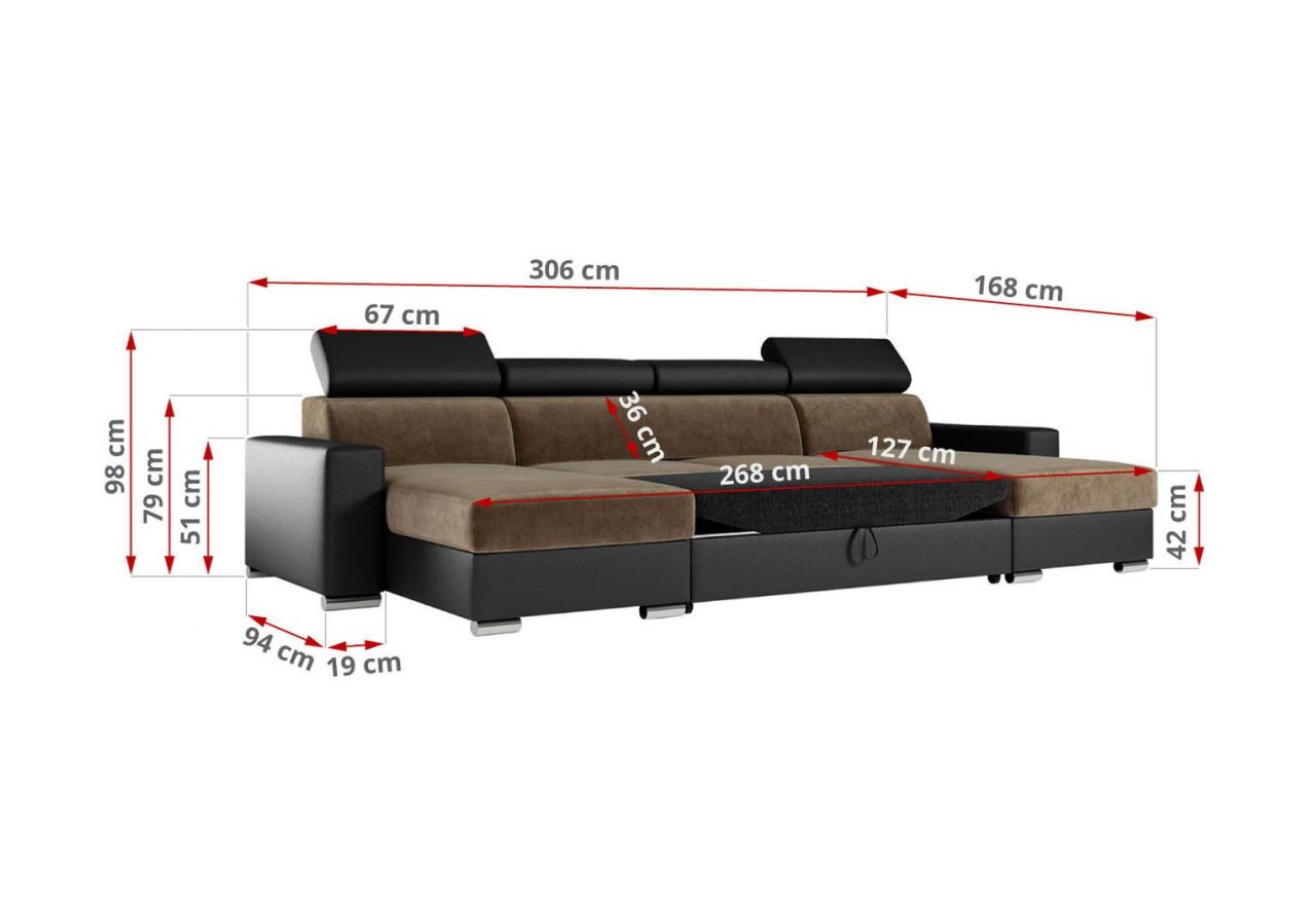 Narożnik FOX U - uniwersalny - brązowy, czarny, welwet, ekoskóra