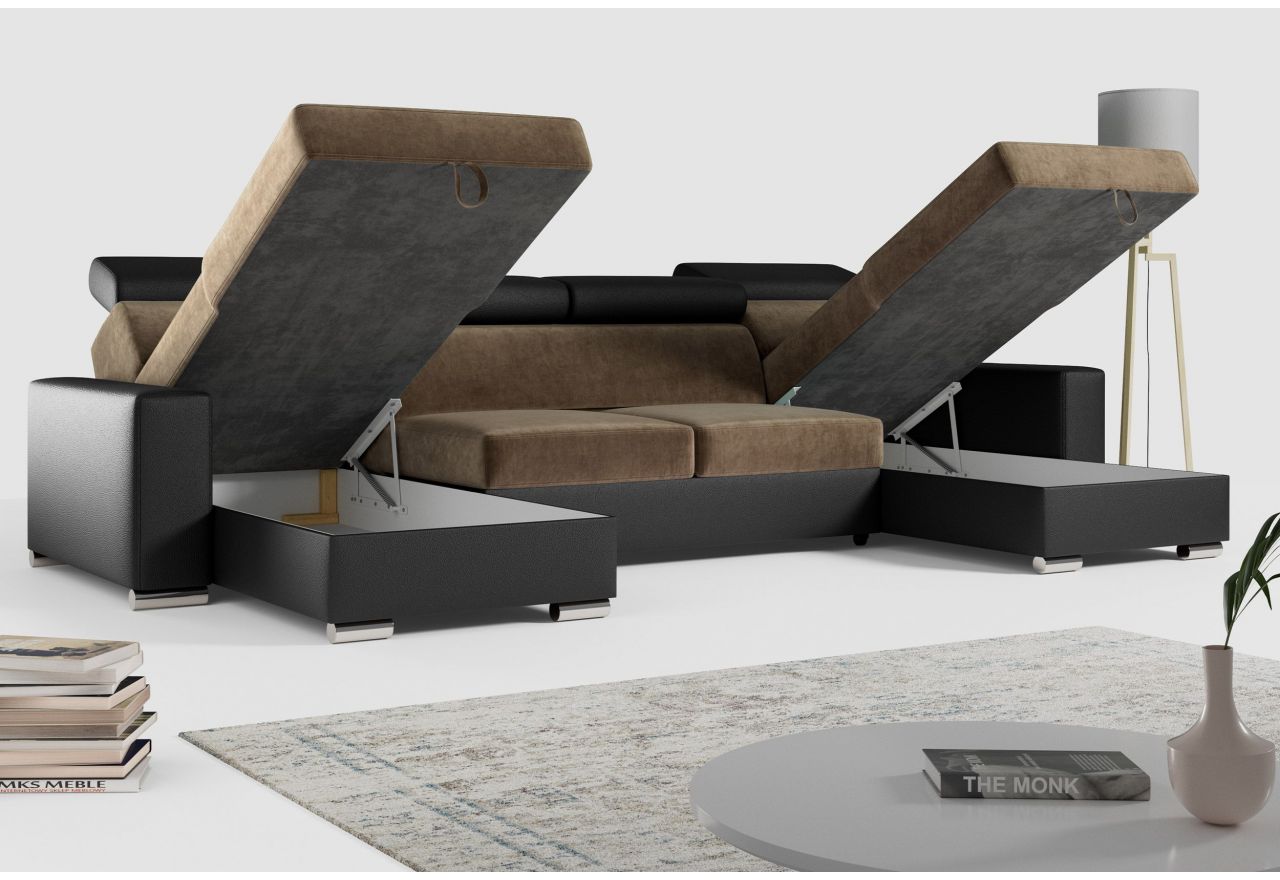 Narożnik FOX U - uniwersalny - brązowy, czarny, welwet, ekoskóra