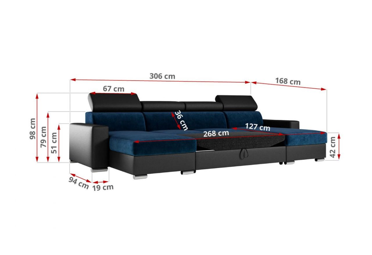 Narożnik FOX U - uniwersalny - ciemnoniebieski, czarny, welwet, ekoskóra