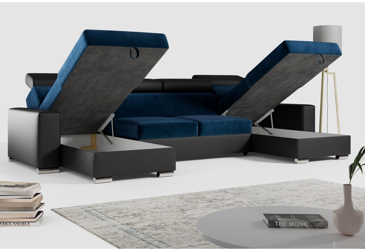 Narożnik FOX U - uniwersalny - ciemnoniebieski, czarny, welwet, ekoskóra