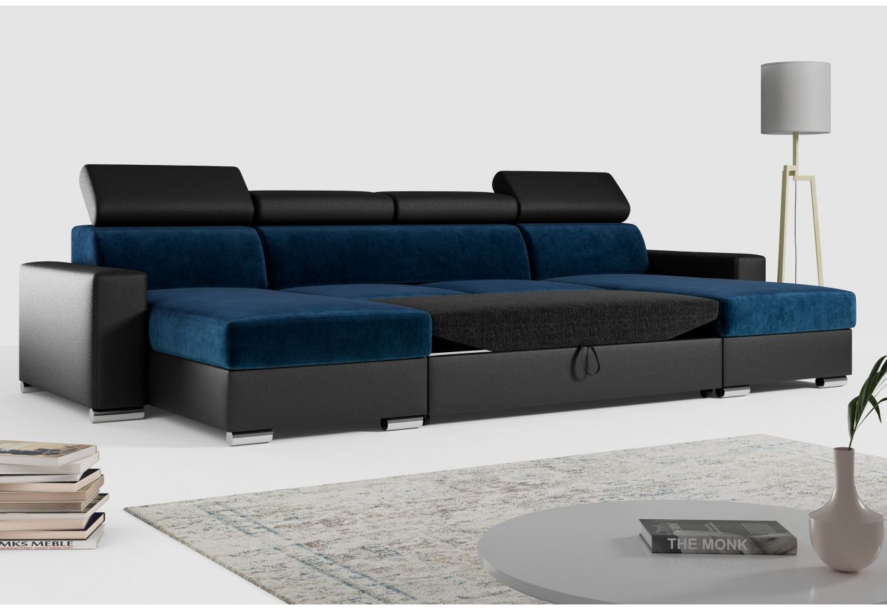 Narożnik FOX U - uniwersalny - ciemnoniebieski, czarny, welwet, ekoskóra