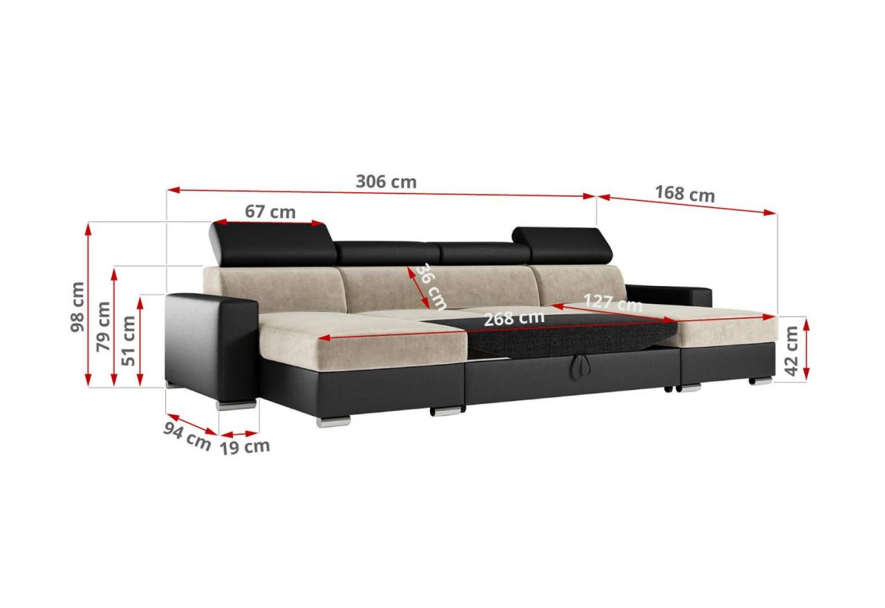 Narożnik FOX U - uniwersalny - beżowy, czarny, welwet, ekoskóra