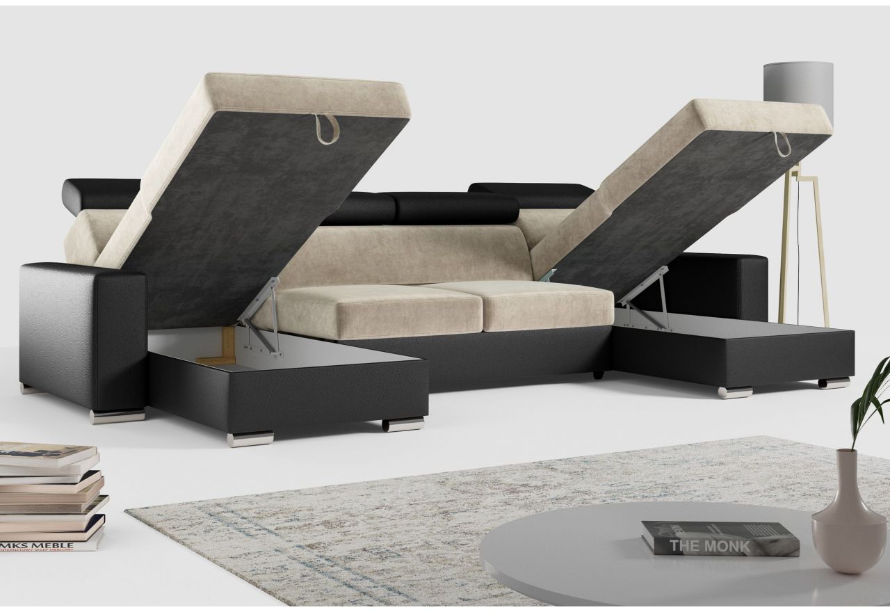 Narożnik FOX U - uniwersalny - beżowy, czarny, welwet, ekoskóra