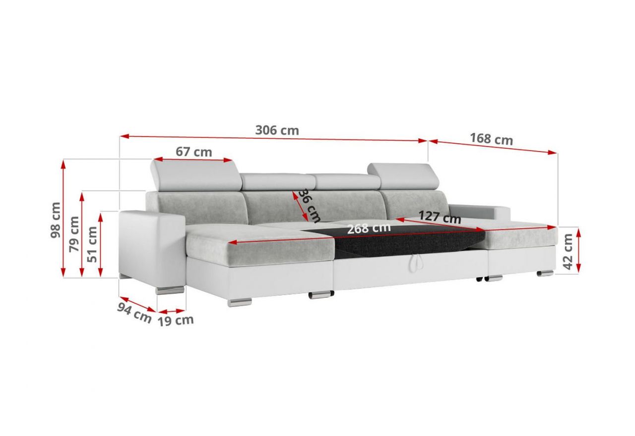 Narożnik FOX U - uniwersalny - jasnoszary, biały, welwet, ekoskóra