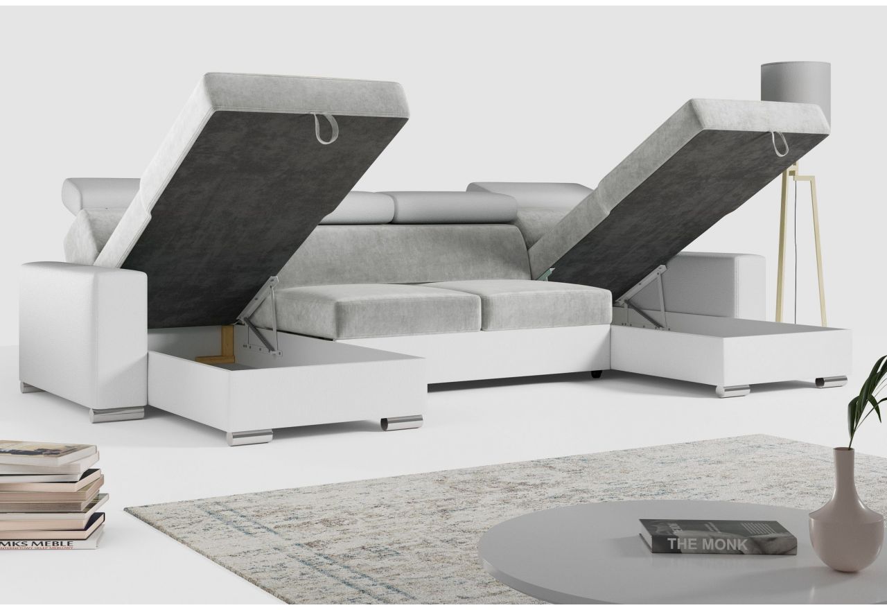 Narożnik FOX U - uniwersalny - jasnoszary, biały, welwet, ekoskóra