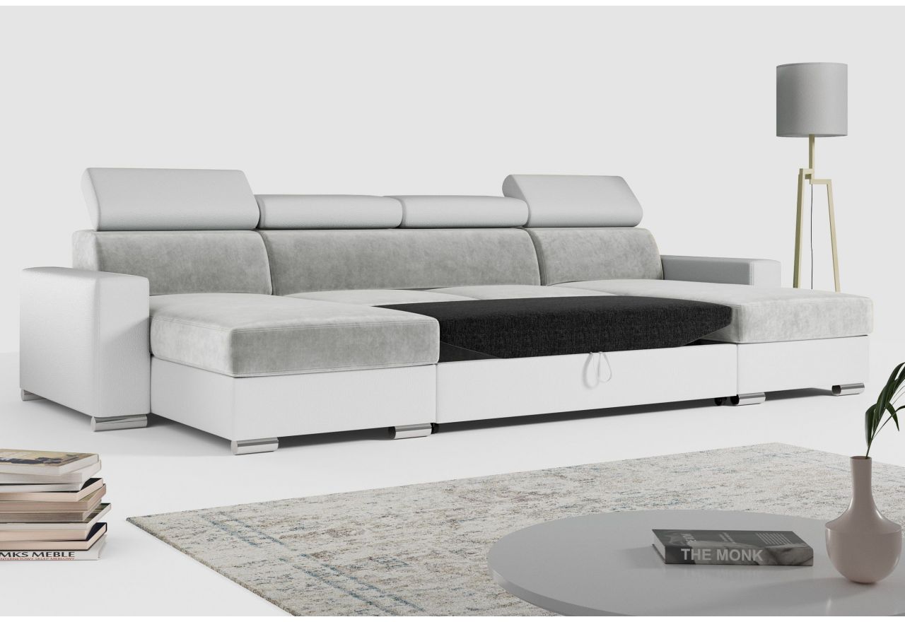 Narożnik FOX U - uniwersalny - jasnoszary, biały, welwet, ekoskóra