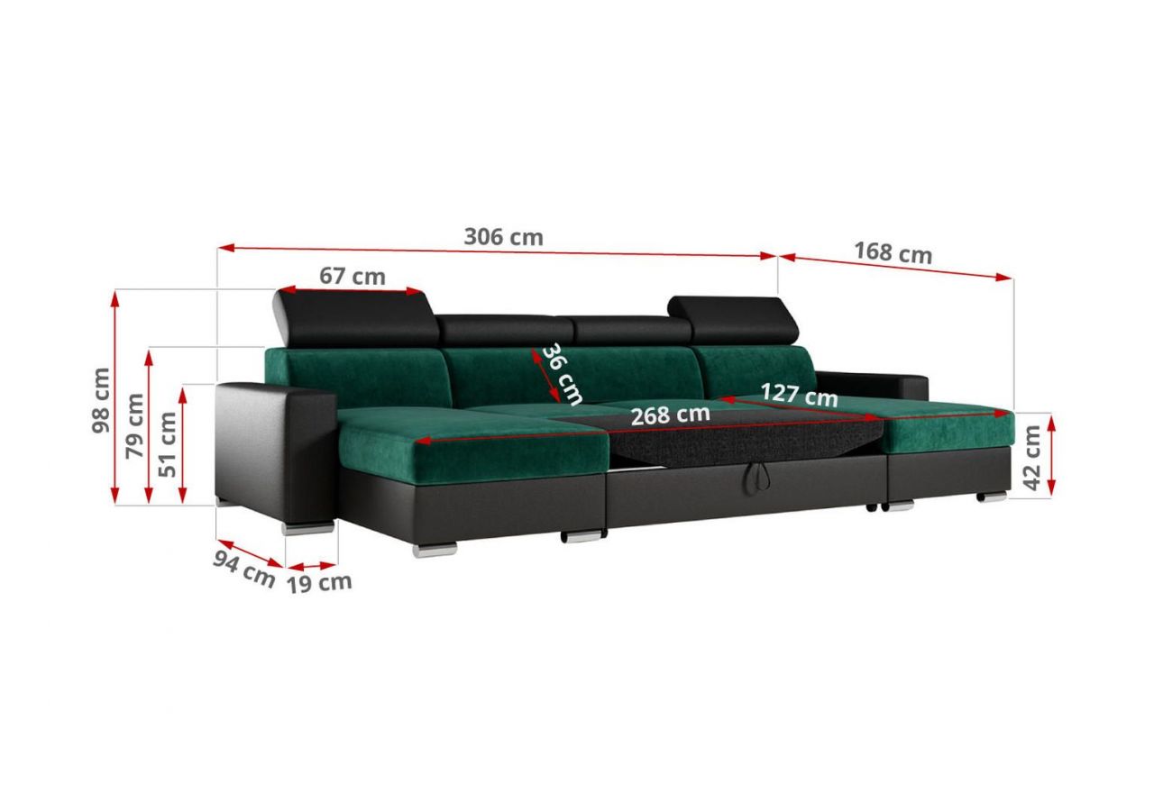 Narożnik FOX U - uniwersalny - ciemnozielony, czarny, welwet, ekoskóra
