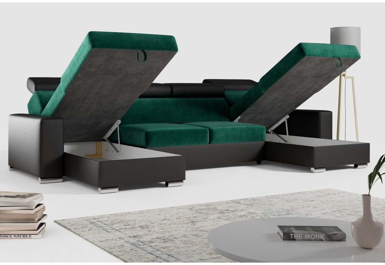 Narożnik FOX U - uniwersalny - ciemnozielony, czarny, welwet, ekoskóra