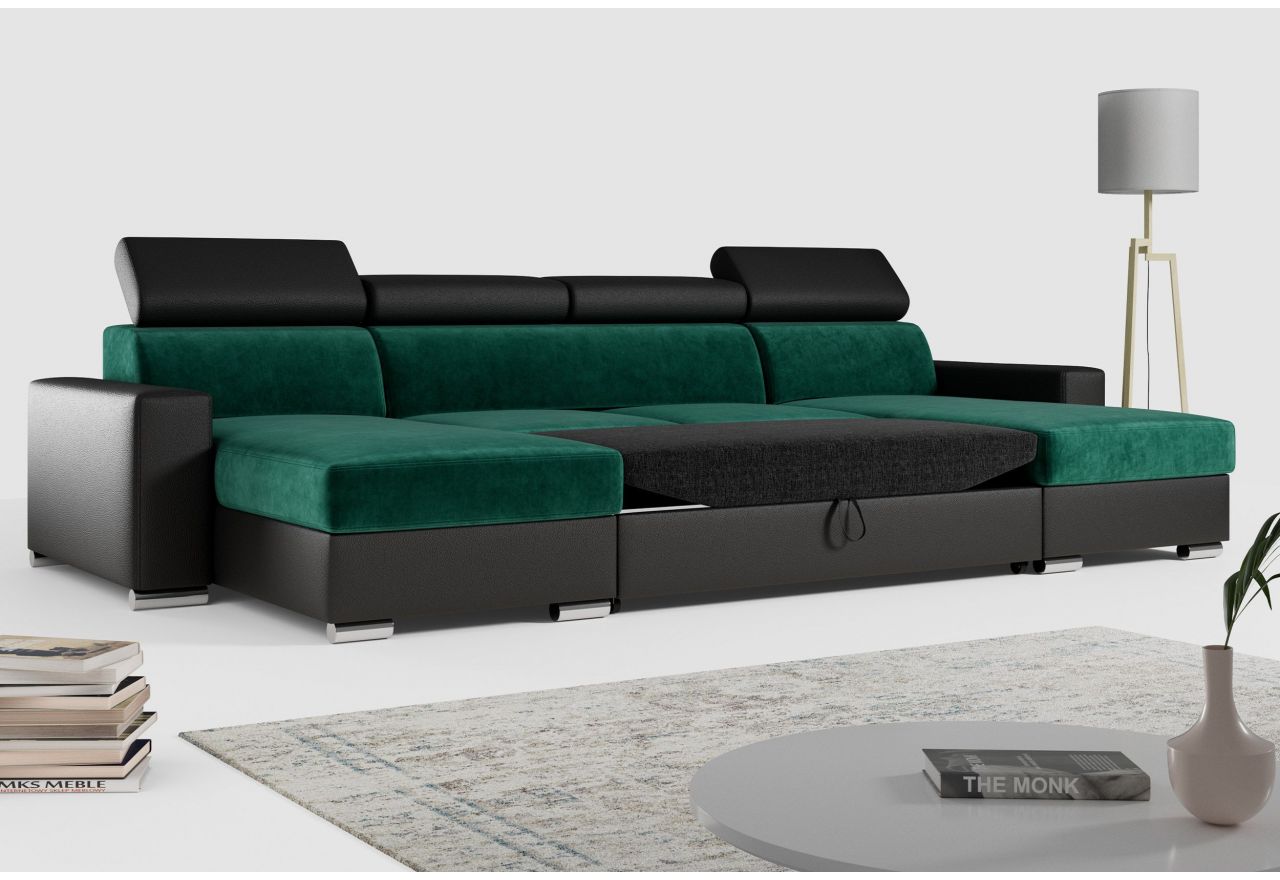 Narożnik FOX U - uniwersalny - ciemnozielony, czarny, welwet, ekoskóra