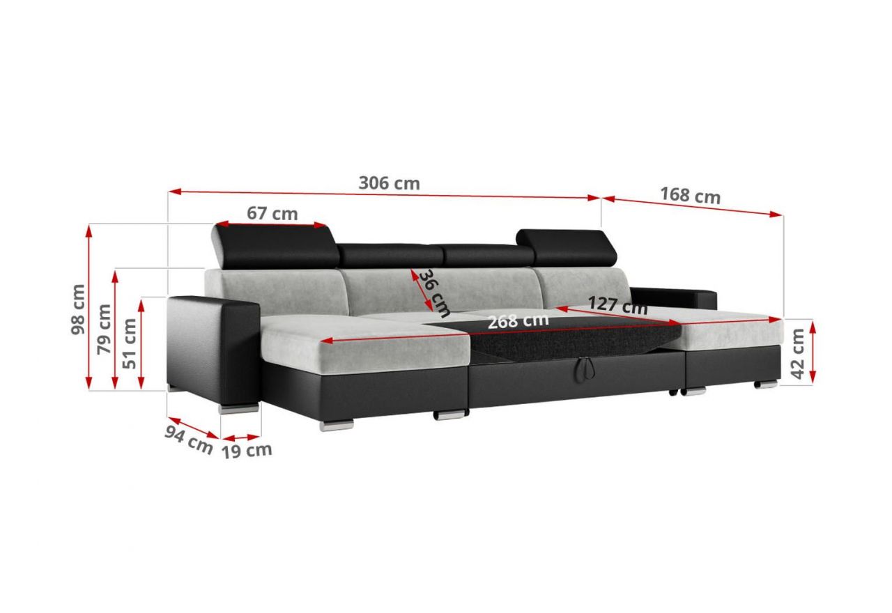 Narożnik FOX U - uniwersalny - jasnoszary, czarny, welwet, ekoskóra